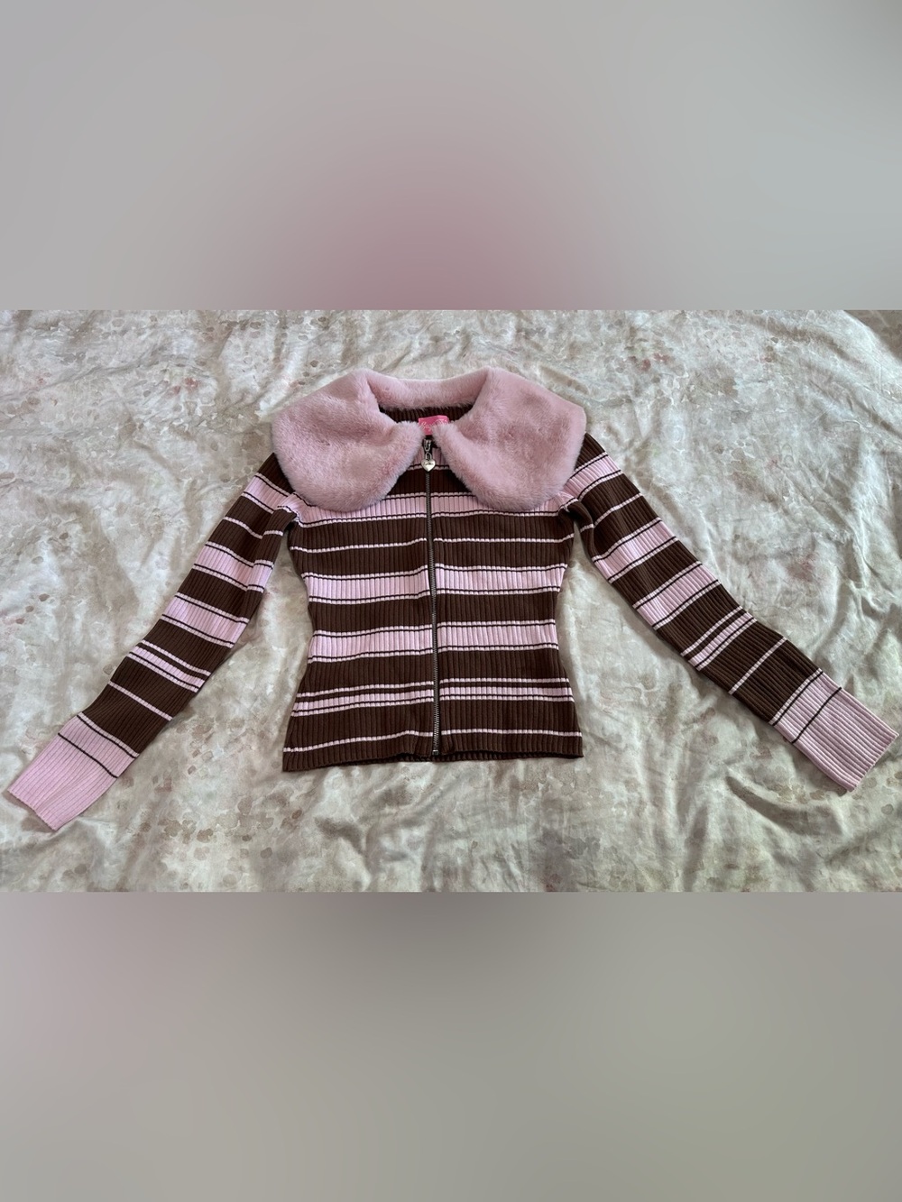 Sugar Thrillz Pink & Brown Striped Ribbed Zip Cardigan with Faux Fur Collar